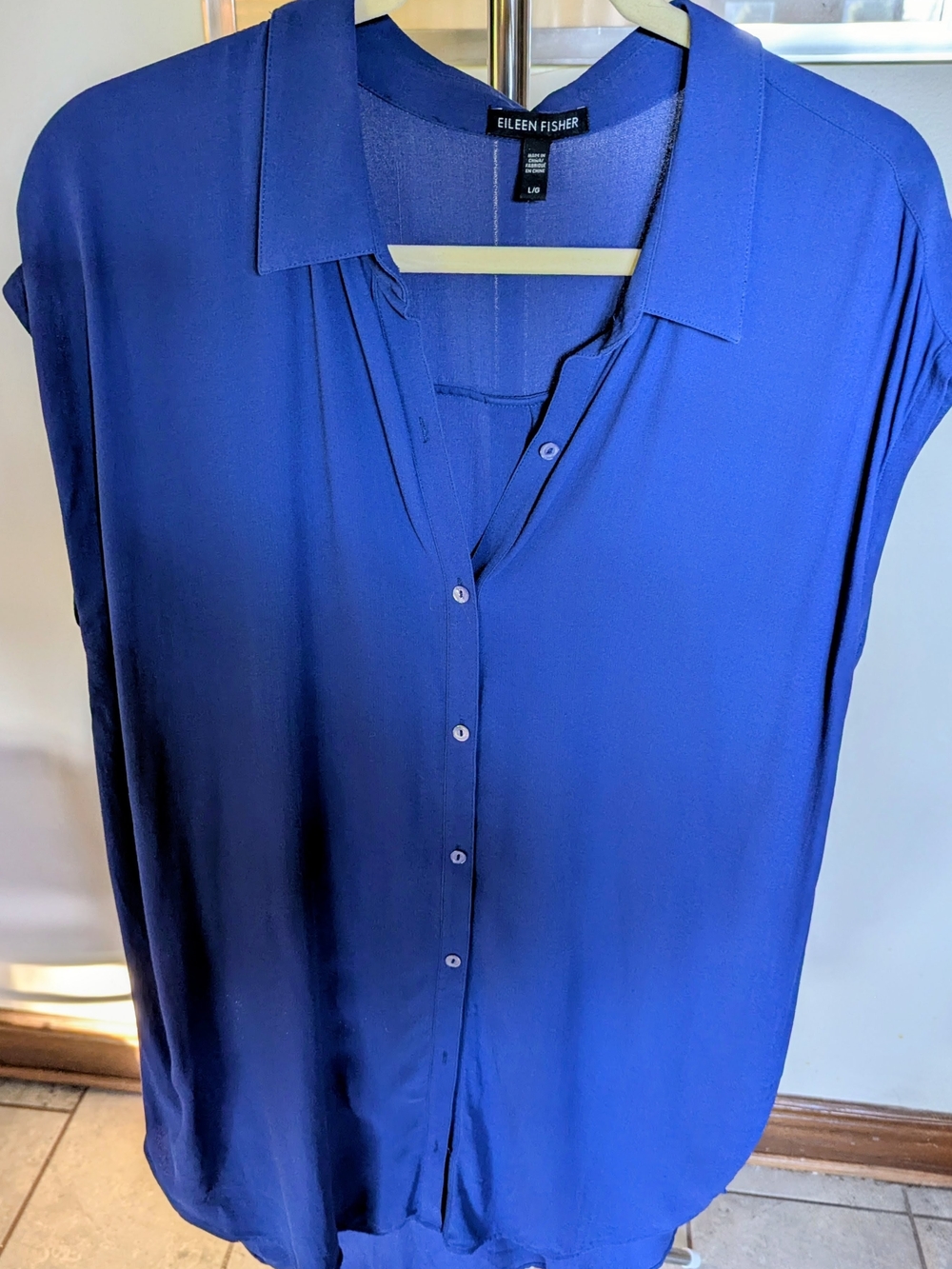 EILEEN FISHER Cobalt Blue Silk Crepe de Chine Tunic Blouse Size L $75